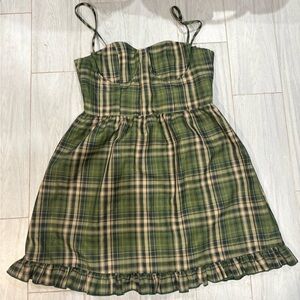 Cider Green Plaid Mini Dress with Ruffle Hem